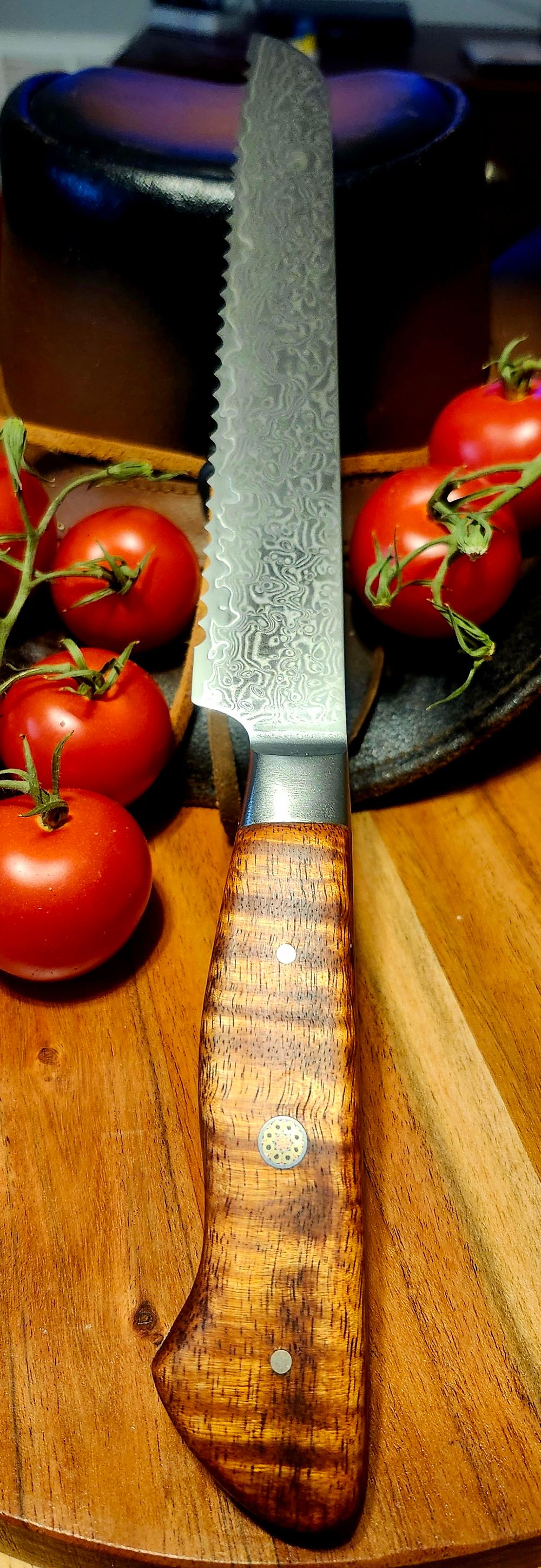 Bread Knife with Curly Koa Handles in Damascus 