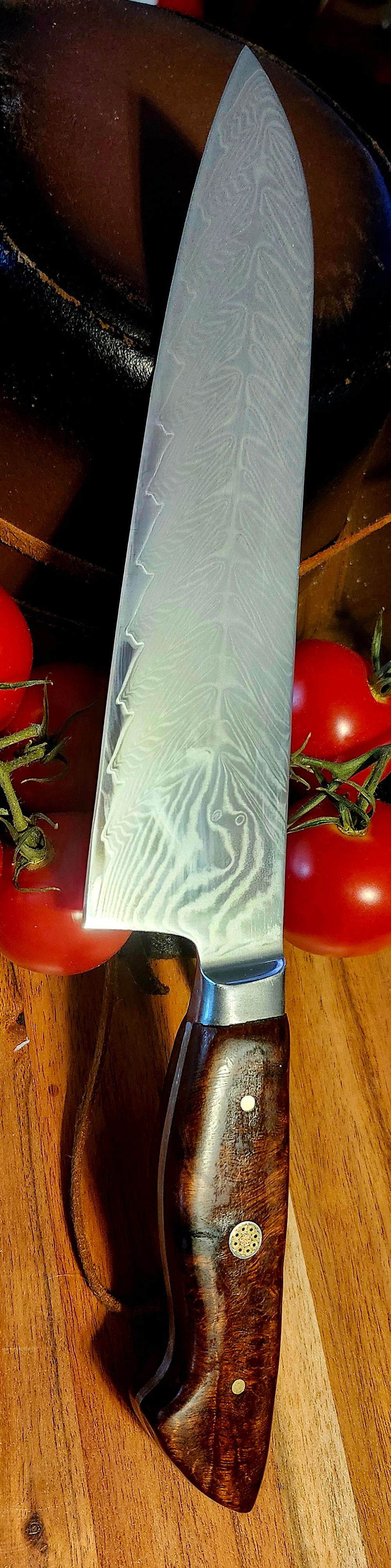 Chef's Knife Damascus Stainless Steel and Sonoran Desert Ironwood Burl Handles 