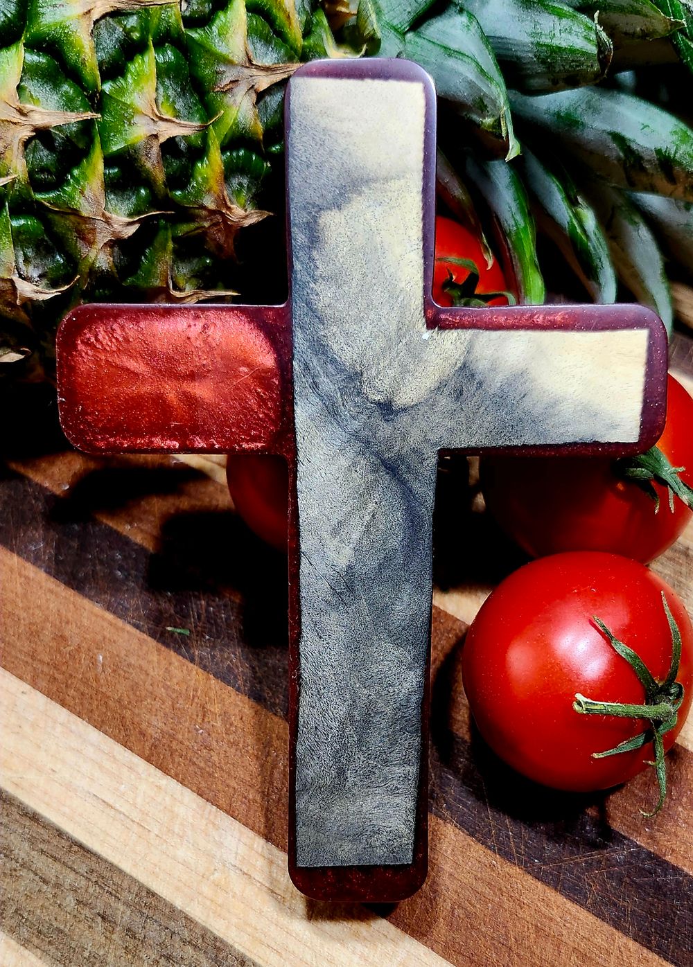 Cross- California Buckeye Burl and Candy Apple Red Resin