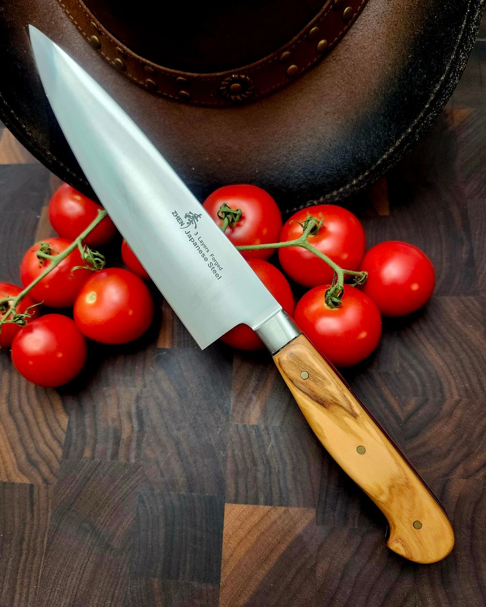 Chef's Knife with Olivewood and Purpleheart Liner Handles 