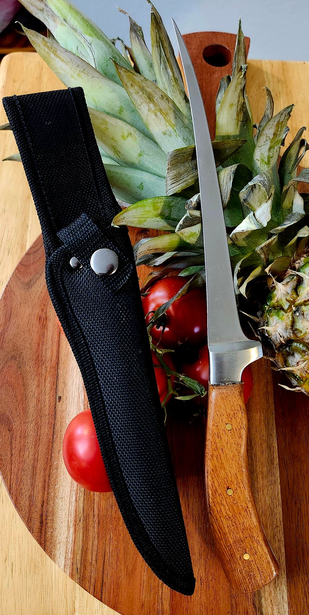 Filet Knife Red Ambonya Burl Handles 